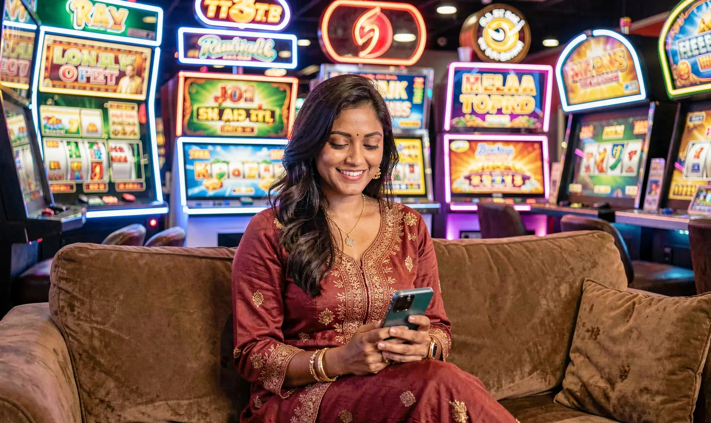 Confident Bangladeshi player using the 388BD casino app on her smartphone with glowing neon game symbols behind her