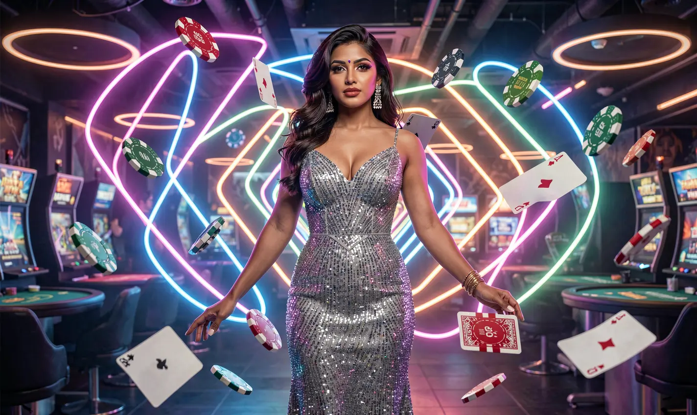 Elegant casino scene with a glamorous woman surrounded by flying chips and cards representing premium gaming bonuses offered by 388BD in Bangladesh