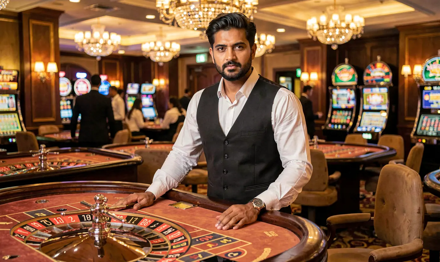 Professional casino dealer standing at a glowing roulette table in a luxury casino atmosphere highlighting the premium live gaming experience at 388BD for players in Bangladesh