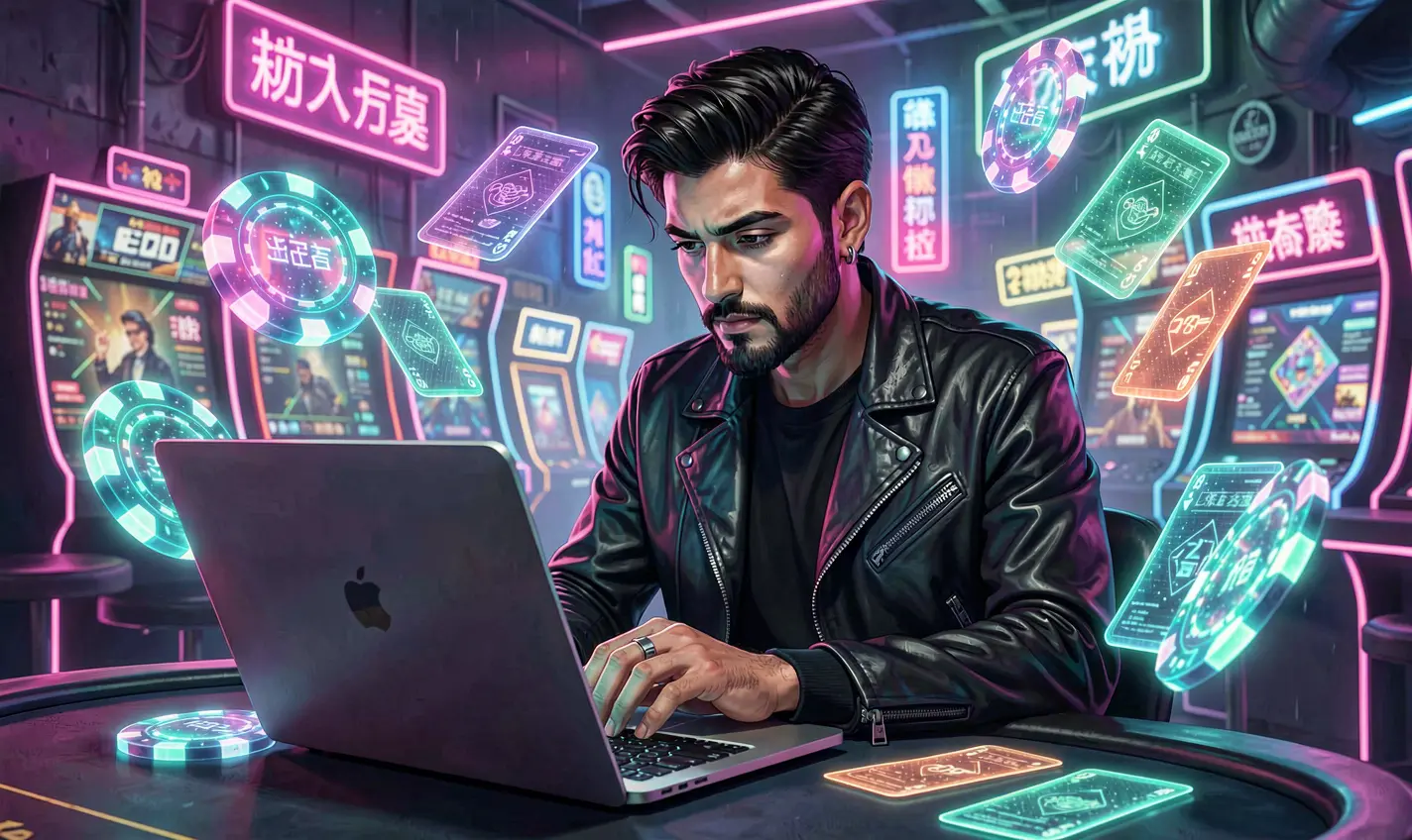 Confident casino player using a laptop surrounded by digital poker chips and cards in a futuristic gaming environment at 388BD online casino in Bangladesh