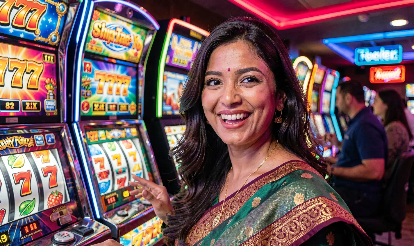 388BD – Discover a premium online casino experience for Bangladeshi players A stylish woman smiling confidently in a vibrant casino setting with glowing slot machines and 777 symbols highlighting the premium gaming experience at 388BD for players in Bangladesh